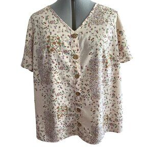 Emery Rose Faux Buttondown Tan Floral Blouse Soft Muted Cottagecore Plus Size